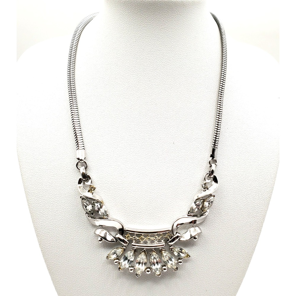 Vintage Trifari Coronet Necklace Marquise Rhinestone Choker Silver Tone 14"